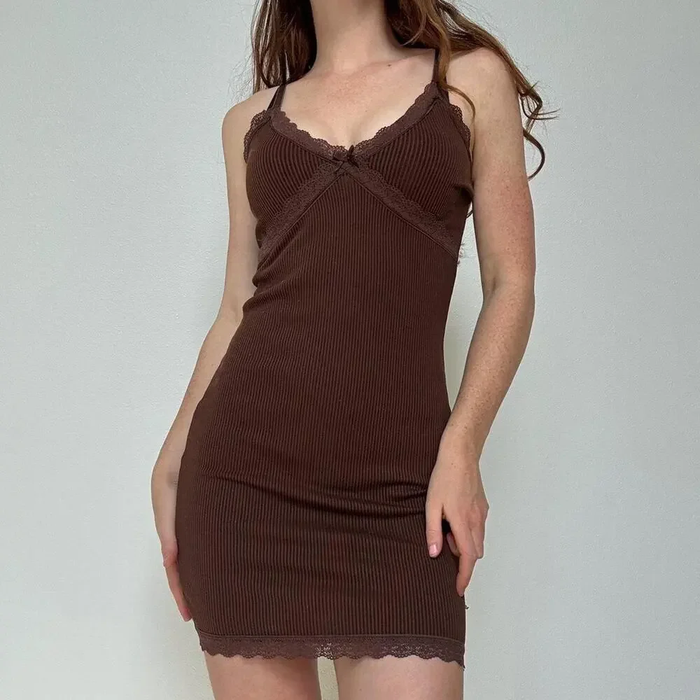 Brown sleeveless fitted mini dress